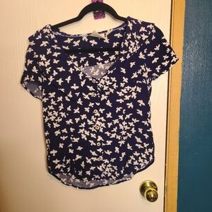 483 🦃🎄 Anthropologie Maeve Button Up Bird Print Blouse Short Cap Sleeves